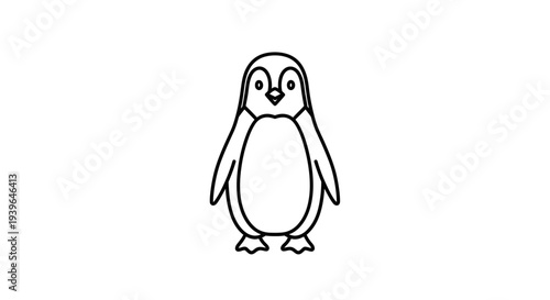 Cute Cartoon Penguin Drawing, Simple Line Art Animal Illustration