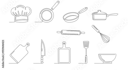 Continuous Line Drawing of Kitchen Utensils and Chef Hat