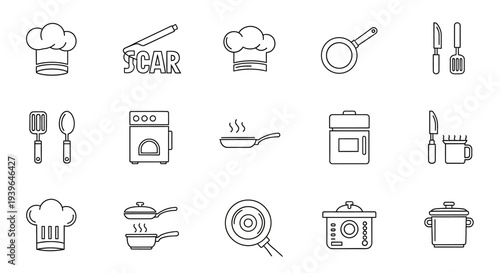 Cooking Icons Set: Chef Hats, Pans, Knives, Utensils, Oven, Microwave