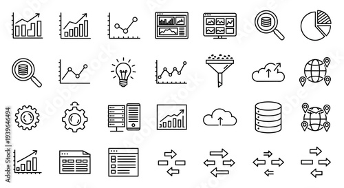 Data Analysis Icons: Graphs, Charts, Cloud, Server, Analytics, SEO, Strategy