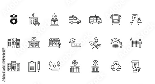 Diverse Icons: Public Services, Health, Education, Transport, Environment, and More