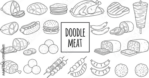 Doodle meat food icons set with sausage steak chicken burger ham skewers hand drawn butcher protein meal vector illustration