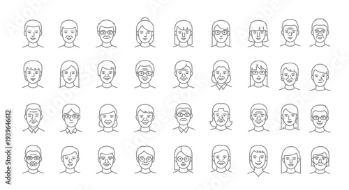 Diverse People Faces Icons Set: Men, Women, Different Ages, Styles