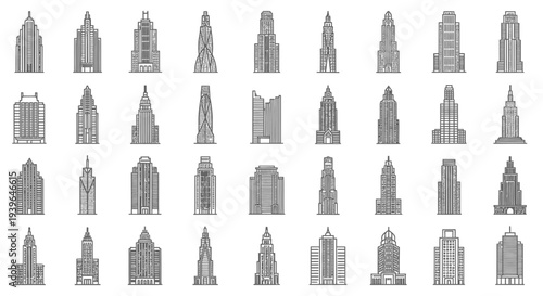 Diverse Set of Skyscraper Icons and Building Silhouettes