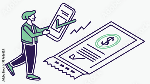 Neon green digital invoice with checkmark symbol and dollar bill payment