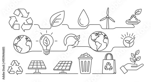 Ecology Icons: Renewable Energy, Recycling, Sustainability, and Eco-Friendly Concepts