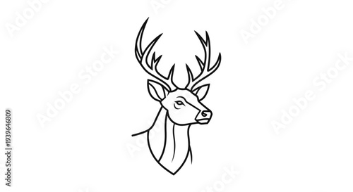 Elegant Deer Head Silhouette with Antlers, Minimalist Line Art Vector