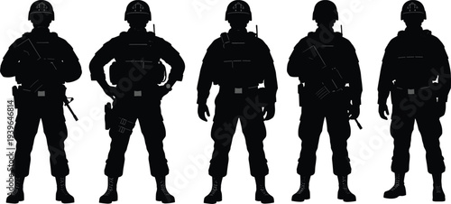 Black silhouettes of special forces soldiers set featuring military infantry men in tactical gear isolated on white background vector illustration
