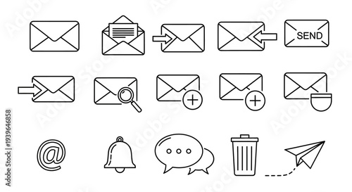 Email Icons Set: Envelope, Send, Search, Add, Delete, Chat, Bell, Paper Plane