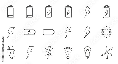 Energy Icons: Battery, Lightning Bolt, Lightbulb, Plug, Sun, Wind Turbine