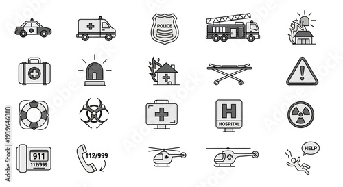 Emergency Services Icons: Police, Ambulance, Firefighter, Medical, Rescue & Safety Symbols