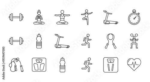 Fitness and Health Icons: Dumbbell, Yoga, Treadmill, Stopwatch, Heartbeat