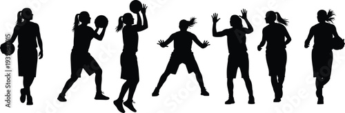 Black silhouettes of female basketball players set featuring girls dribbling passing shooting defending and running isolated on white background vector illustration