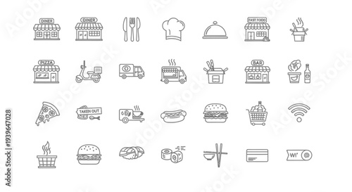 Food Service Icons: Restaurants, Delivery, Fast Food, Cuisine, and Takeout