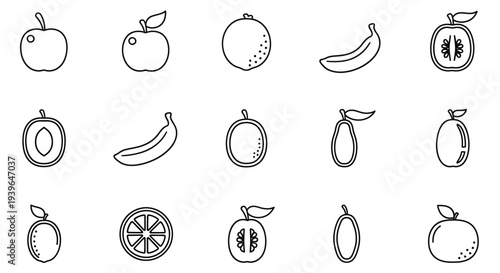 Fresh Fruit Icons Set: Apple, Banana, Orange, Kiwi, Plum, Pear