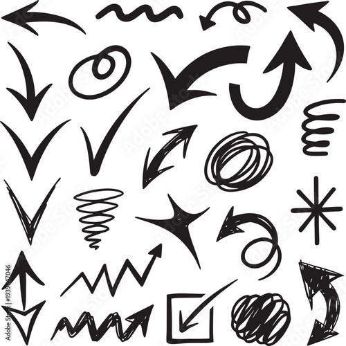 Collection of hand drawn black arrows and doodle style directional shapes