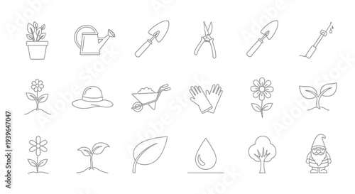 Gardening Icons Set: Plant, Watering Can, Tools, Sprouts, Gnome