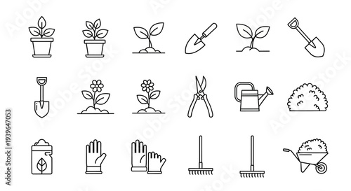 Gardening Icons: Plants, Tools, and Supplies Line Art Set