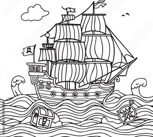 Pirate ship sailing on ocean waves with treasure chest and compass, black and white line art vector, nautical adventure coloring page for kids and adults.