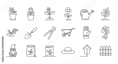 Gardening Icons Set: Plants, Tools, Gnome, Watering Can, Birdhouse, Fence