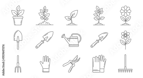Gardening Icons Set: Plants, Tools, and Flowers in Outline Style