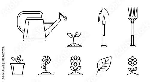 Gardening Icons: Watering Can, Sprout, Flower, Leaf, Pot, Shovel, Fork