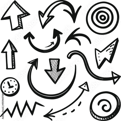 Collection of hand drawn arrows targets and doodle elements