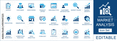 Market analysis icon set. featuring data analytics, survey, marketing trends, and financial forecasting symbols in flat blue style.