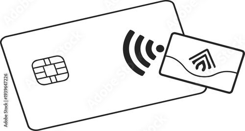 Black outline credit card with chip contactless payment symbol and smaller card