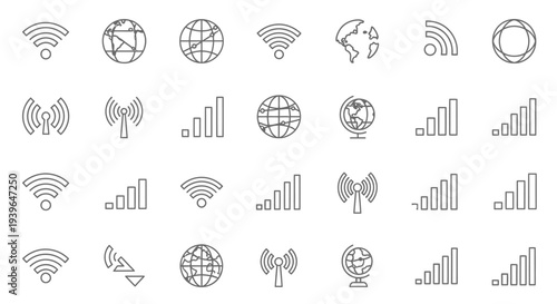 Global Wifi Connection Icons Set: Internet, Network, Signal Strength, World Globe