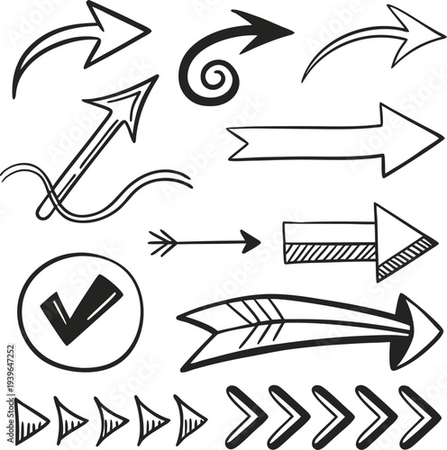 Collection of hand drawn black arrows check mark and directional symbols