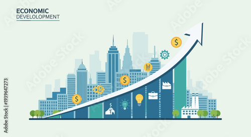 Economic Development Growth Chart with Cityscape and Icons