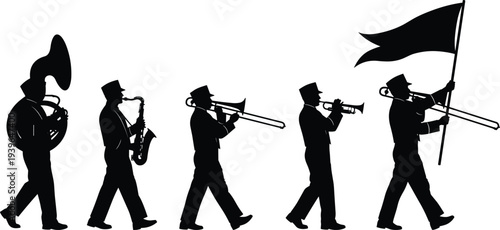 Vector collection of black silhouettes featuring marching band musicians playing instruments and carrying a flag isolated on white background, set.