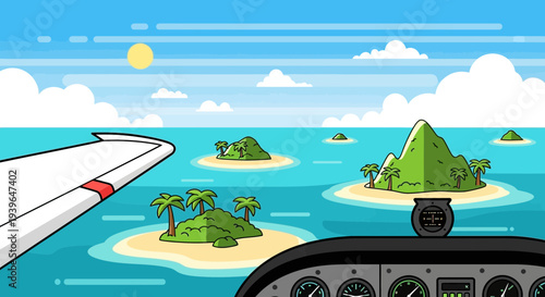 Airplane cockpit view of tropical islands in ocean, travel concept