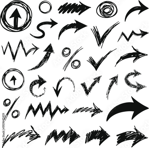 Collection of hand drawn black arrows and abstract directional shapes