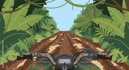 ATV riding on muddy jungle path, first-person perspective, adventure travel