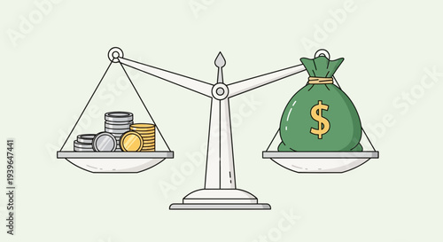 Balance Scale Weighing Coins Against Money Bag, Financial Concept