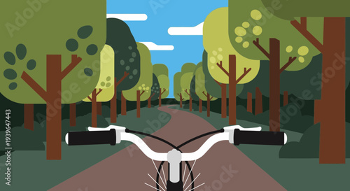 Bicycle POV on a Winding Path Through a Stylized Forest