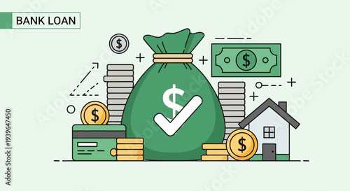 Bank Loan Concept: Money Bag, House, Credit Card, Coins, Bills, Growth Chart