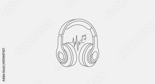 Headphones with Sound Waves and Music Notes - Minimalist Line Art Icon