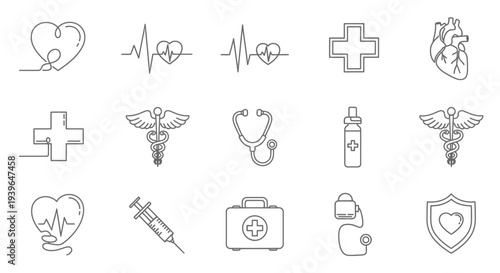 Healthcare Icons: Heartbeat, Cross, Stethoscope, Syringe, Caduceus, Medical Kit