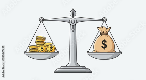 Balance Scale Weighing Coins Against Money Bag, Financial Concept Illustration