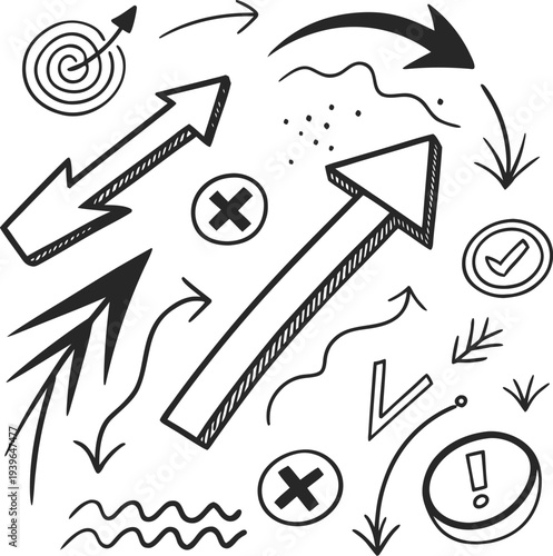 Collection of hand drawn arrows targets and checkmark symbols on white