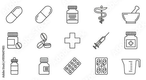 Healthcare Icons: Pills, Syringe, Mortar Pestle, Caduceus, Medical Cross