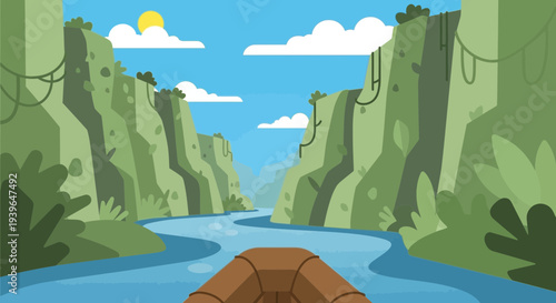 Boat trip through lush green canyon river, sunny day, adventure travel