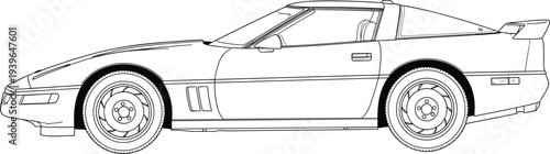 Side view outline vector illustration of a classic nineties sports car with rear spoiler isolated on white background for coloring book.