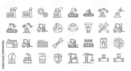 Industrial Icons Set: Factory, Robot Arm, Forklift, Tools, Machinery, Crane