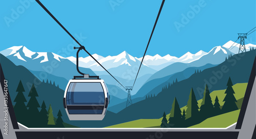 Cable Car Ascending Scenic Mountain Range with Snowy Peaks and Evergreen Forest