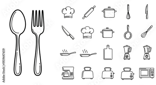 Kitchen Utensils and Appliances Icons Set: Spoon, Fork, Chef Hats, Pots, Pans, Blender