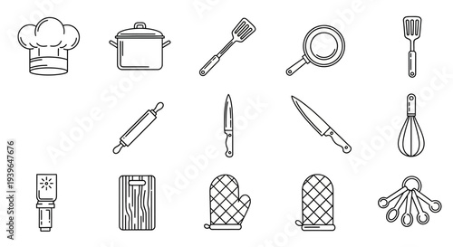 Kitchen Utensils and Cooking Equipment Icons - Line Art